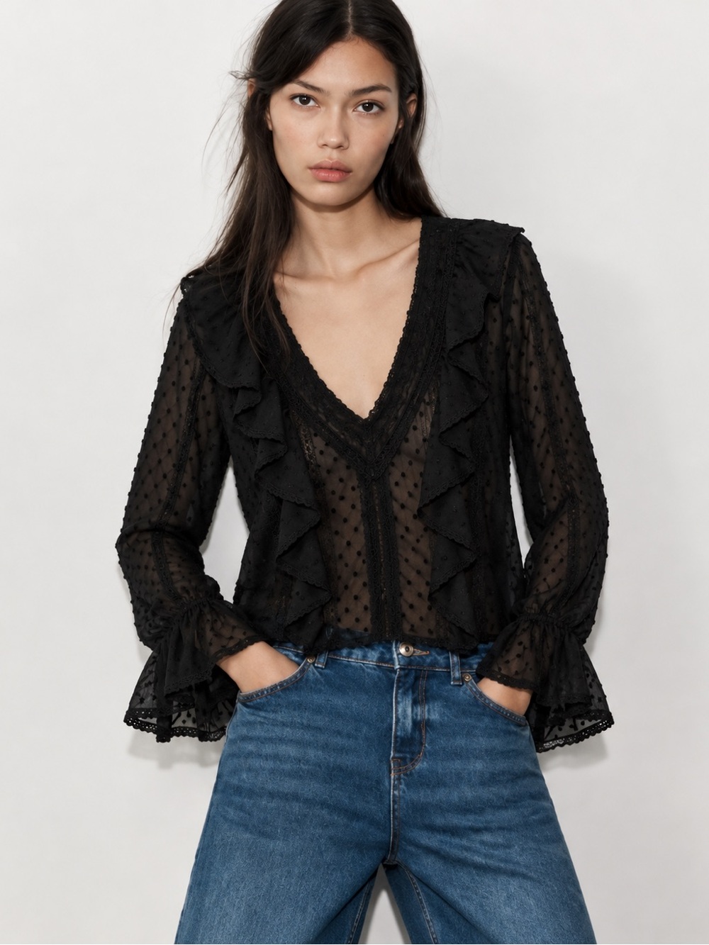 Zara NWT Black Swiss Dot Ruffle Sheer Chiffon Blouse Boho Romantic Women Size M